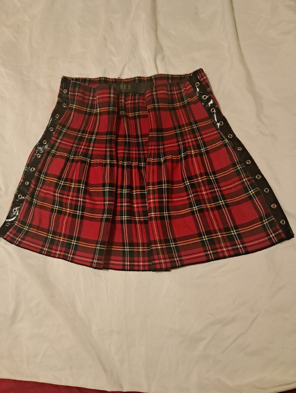 FREE Plaid Red Tartan Pleated Mini Skirt with Side Eyelet Detail